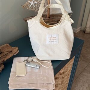Summer Fridays Beige and White Tote Bag,  Scarf And Lighter